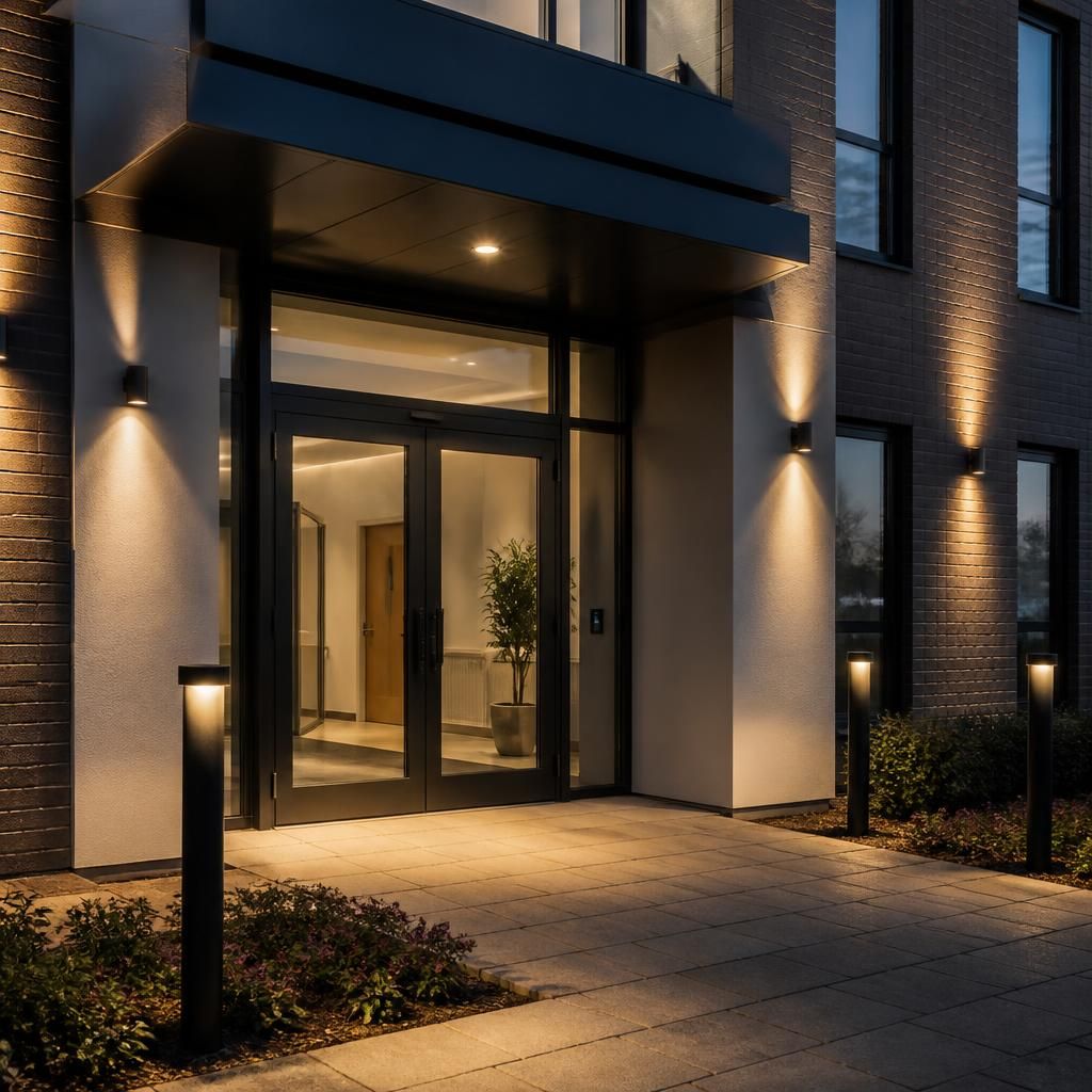Commercial entrance illuminated with discreet wall-mounted exterior fittings