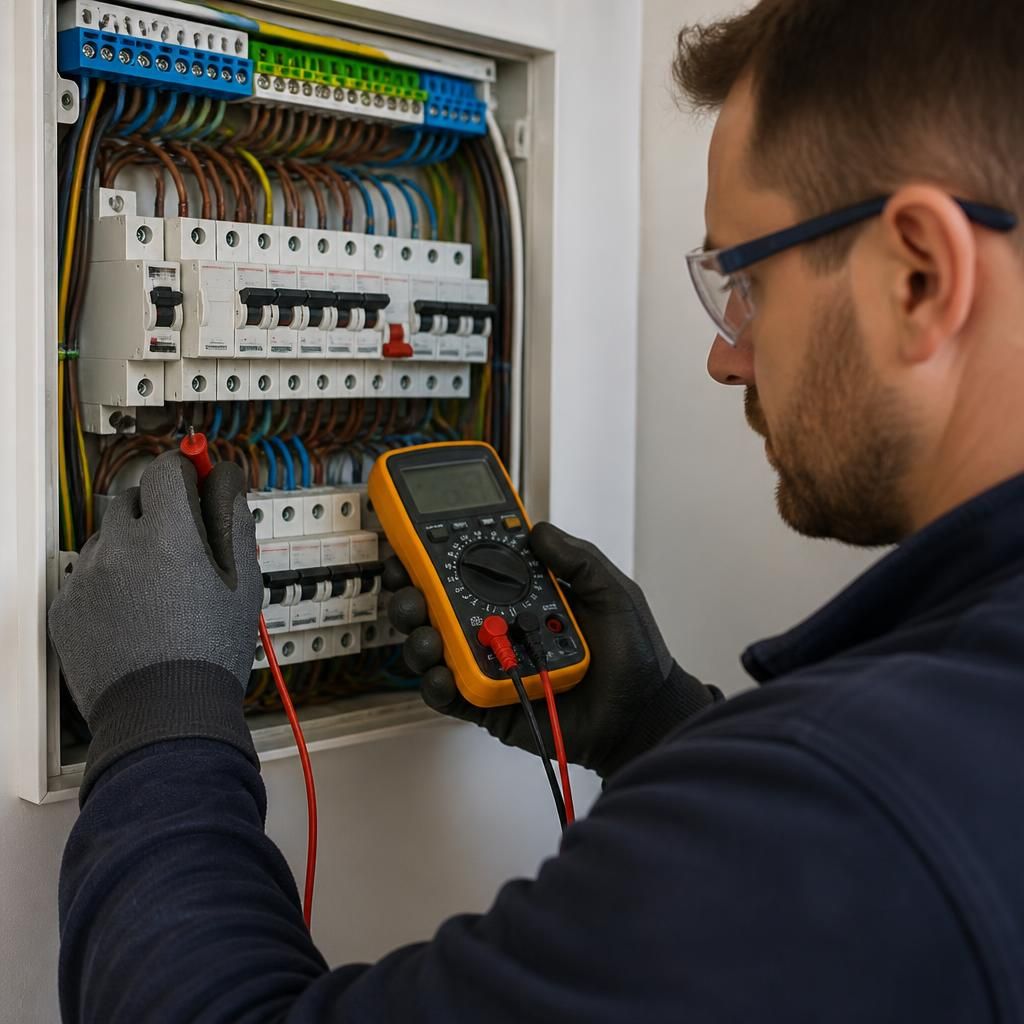 Electrician testing a consumer unit with a multimeter