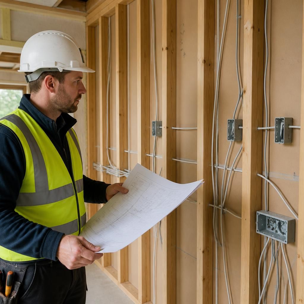 Electrician reviewing electrical plans beside an exposed first-fix wall installation