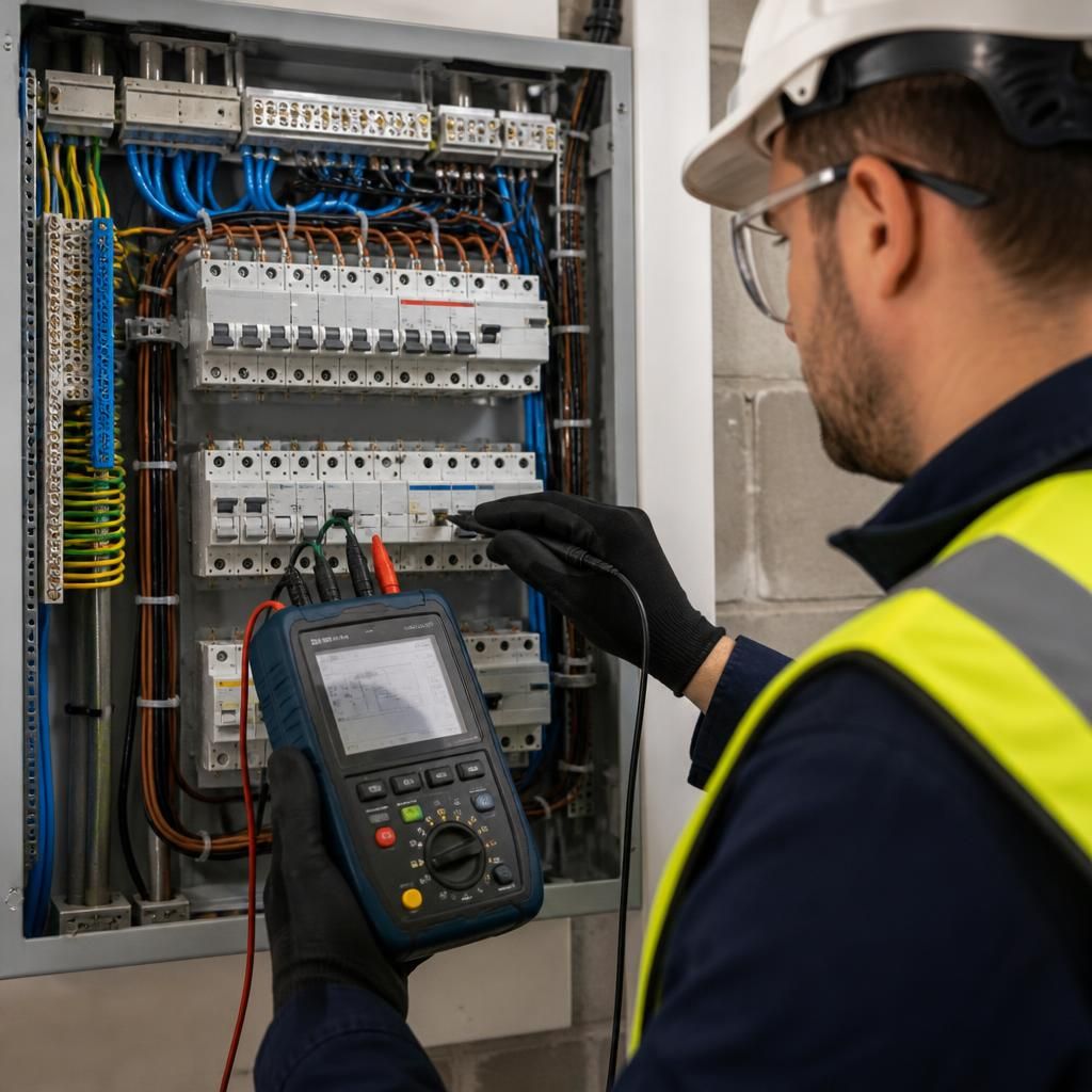 Electrician using a multifunction tester at a commercial distribution board