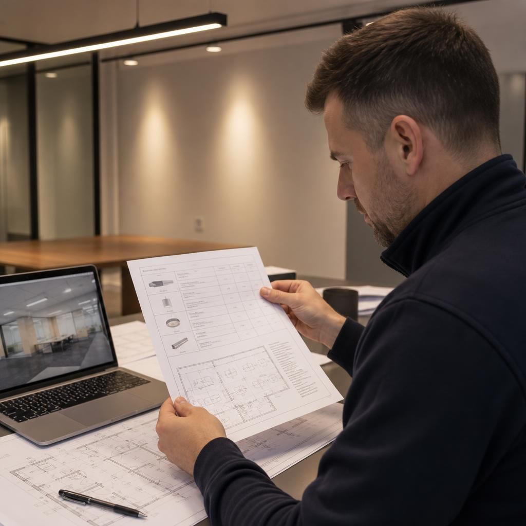 Electrician reviewing a lighting installation quote beside a floor plan and lighting specification