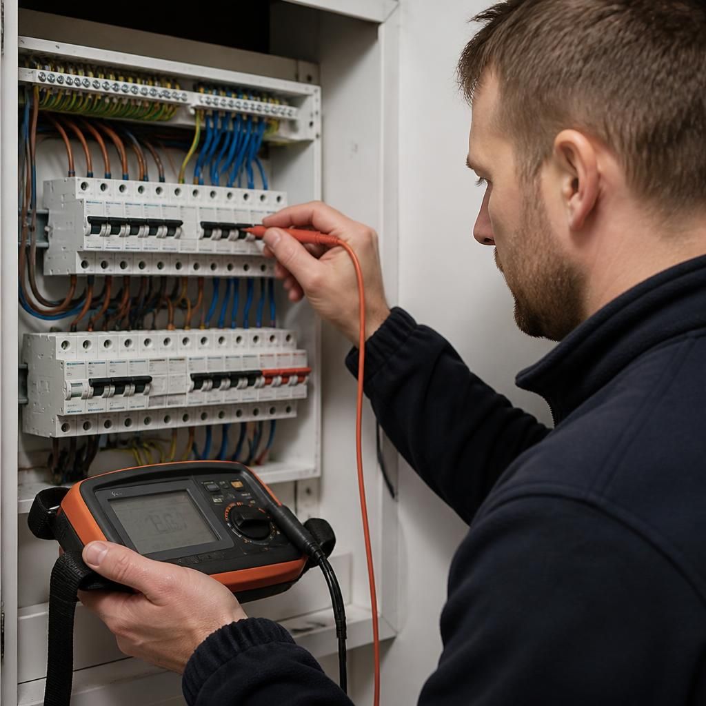 Electrician testing a domestic consumer unit with electrical test equipment