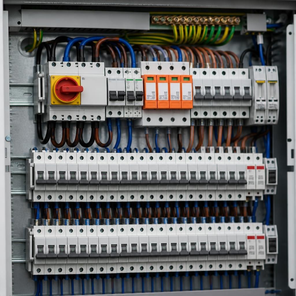 Commercial distribution board showing circuit breakers, RCDs and surge protection devices