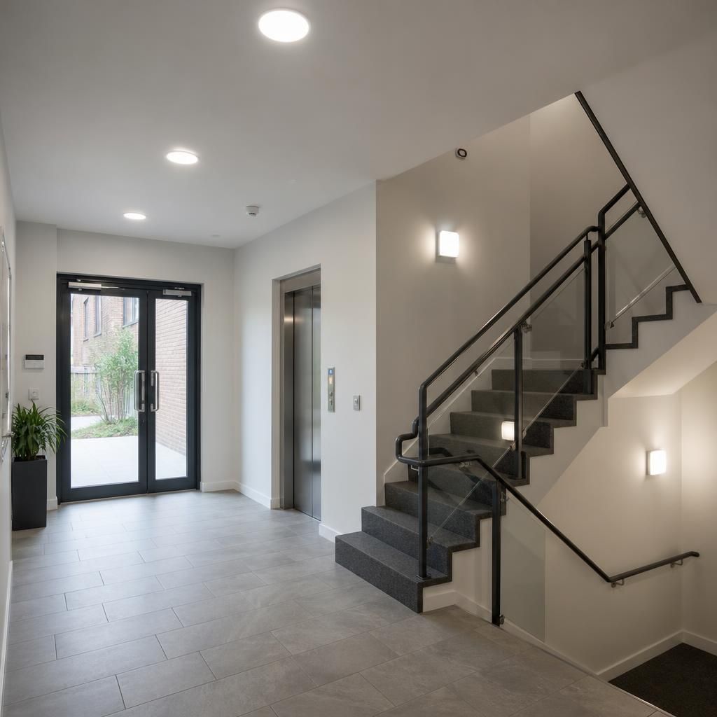 Lighting in a communal entrance and stairwell of a managed building