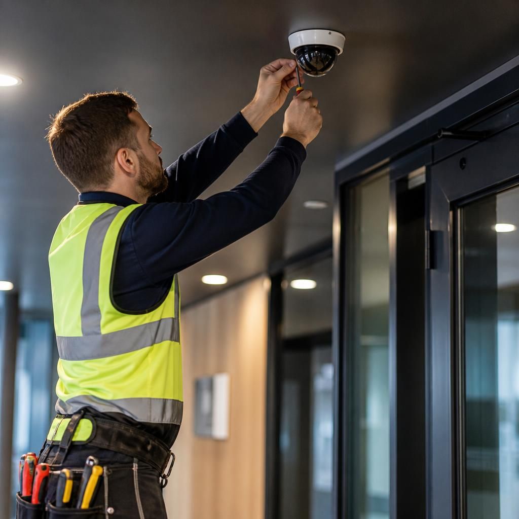 Commercial security system equipment being installed by an electrician