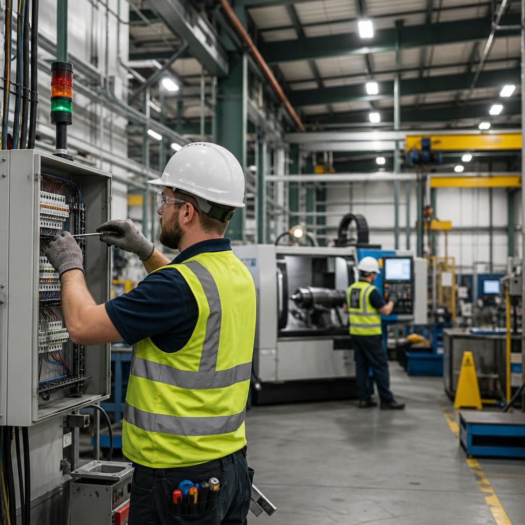 Industrial electrical installation being completed around an active work area