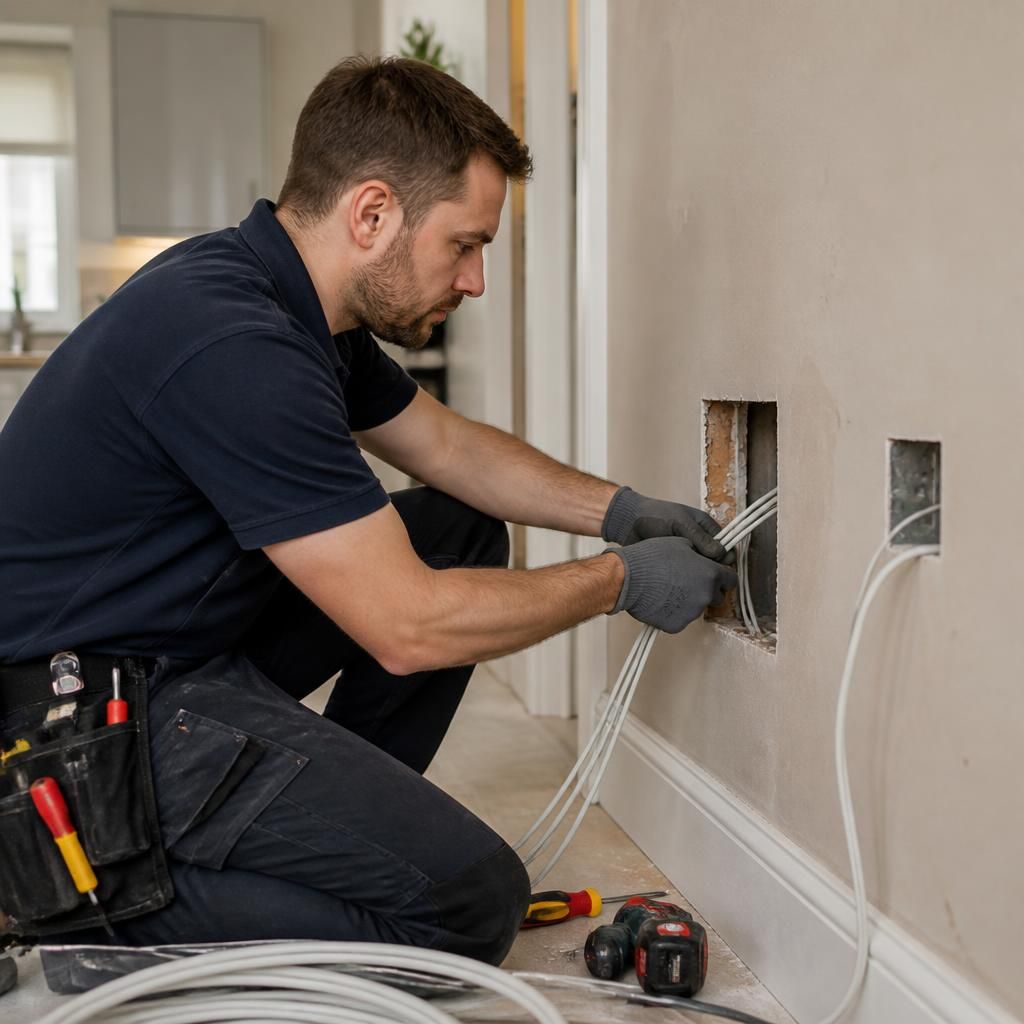 Electrician installing cables through a wall in an occupied property