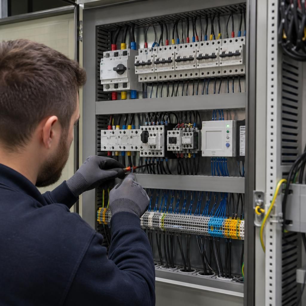 Electrician wiring components inside a three-phase control panel