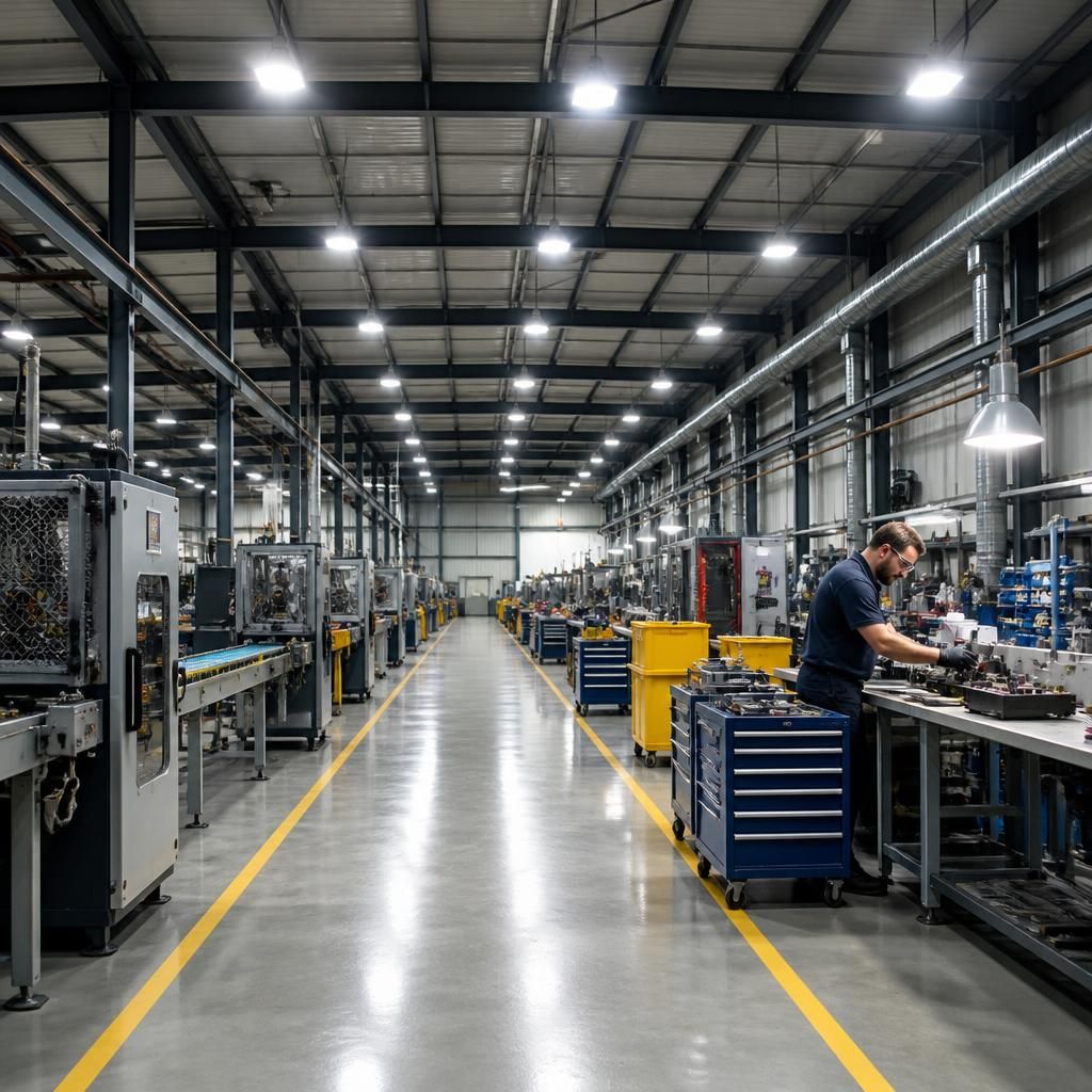 Industrial lighting illuminating a production and work area