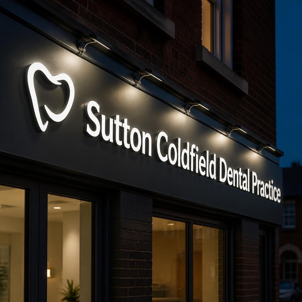 Evenly illuminated LED lettering on a commercial building fascia after dark