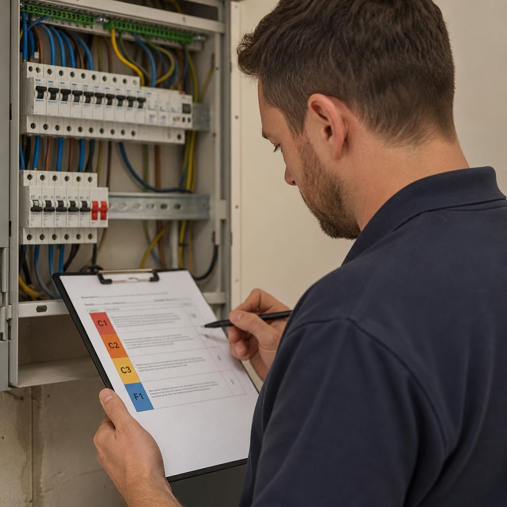 Electrician reviewing an electrical inspection report with defect classification codes