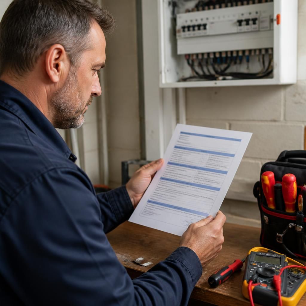 Electrician reviewing an insurance certificate beside electrical tools
