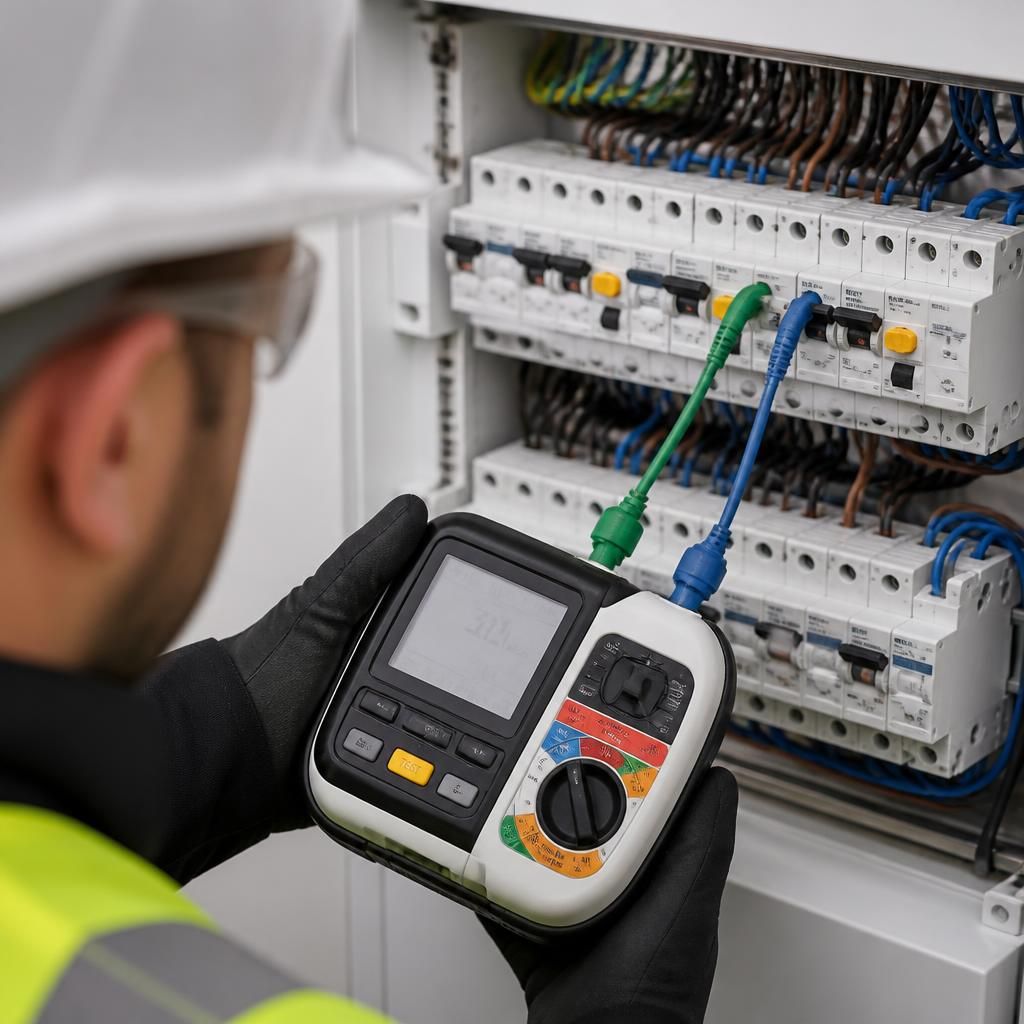 Electrical tester connected to an RCD at a consumer unit