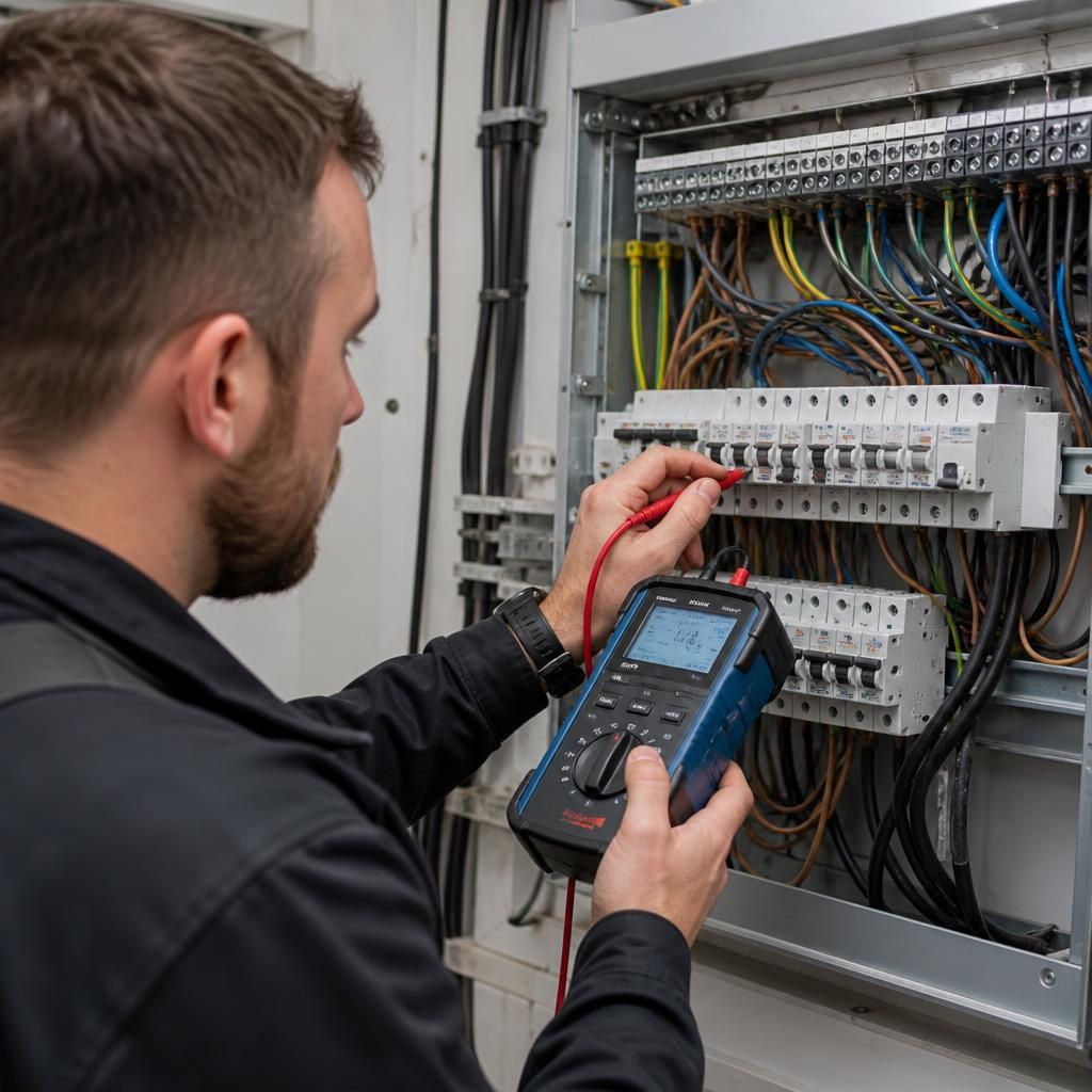 Electrician using test instruments to inspect an electrical distribution board