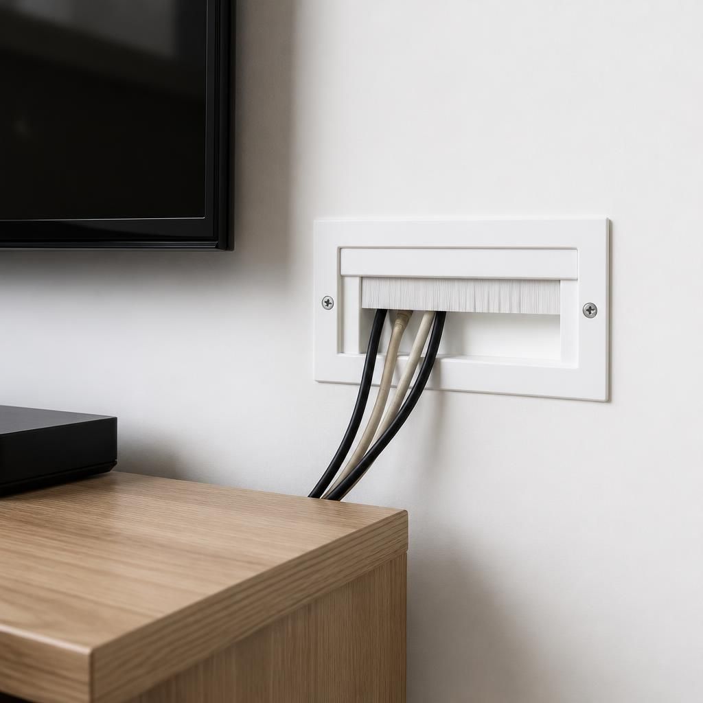 Television wall with cables routed through a recessed channel and brush plate