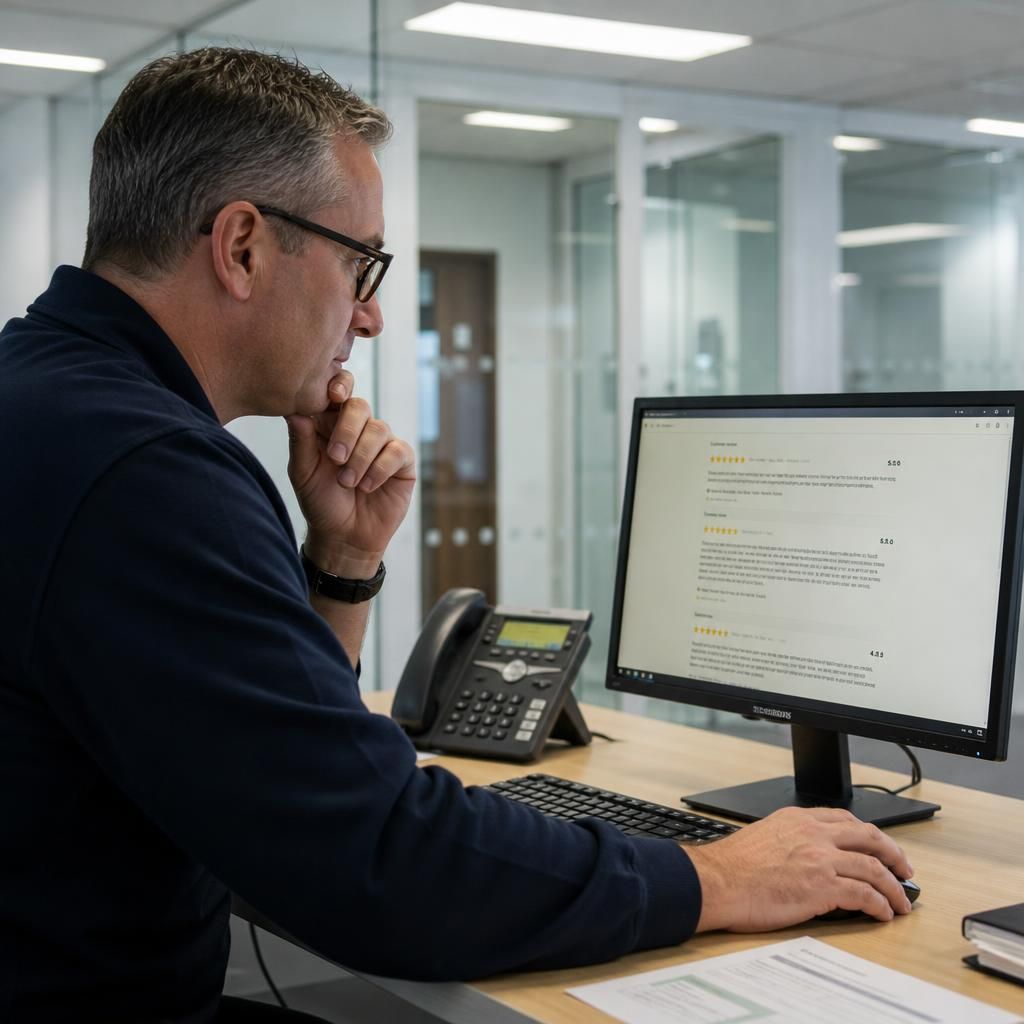 Client reviewing feedback about commercial electrical workmanship