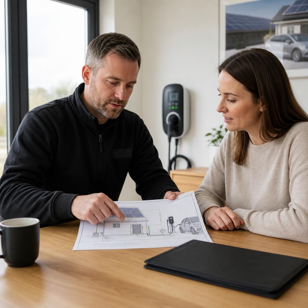Electrician reviewing a solar and EV charging installation plan with a customer