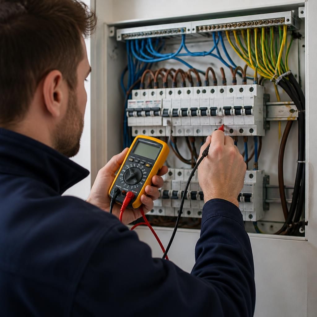 Engineer using a multimeter to test an electrical consumer unit