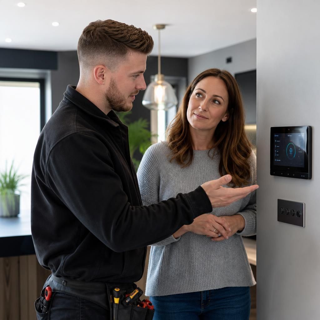 RJW Electrical professional discussing a smart-home project with a customer