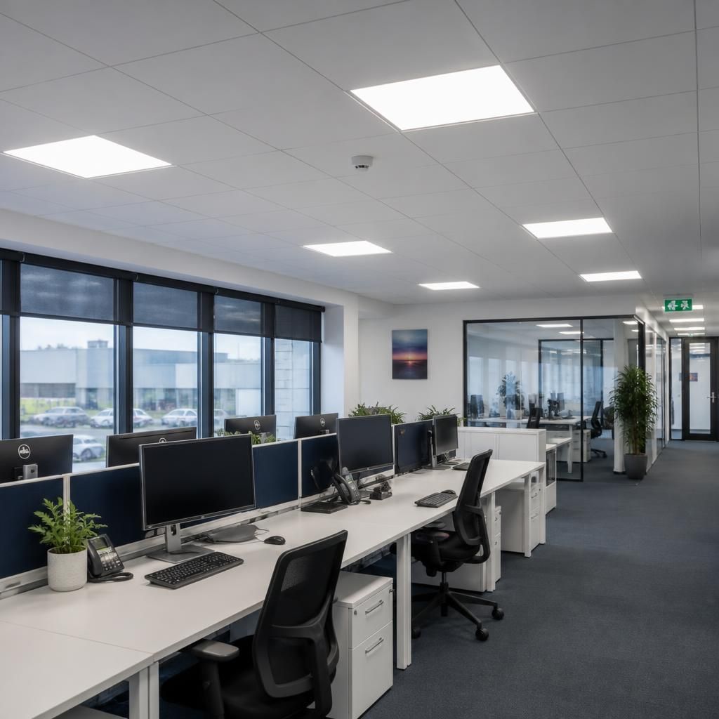 LED ceiling lighting installed above a workplace desk area
