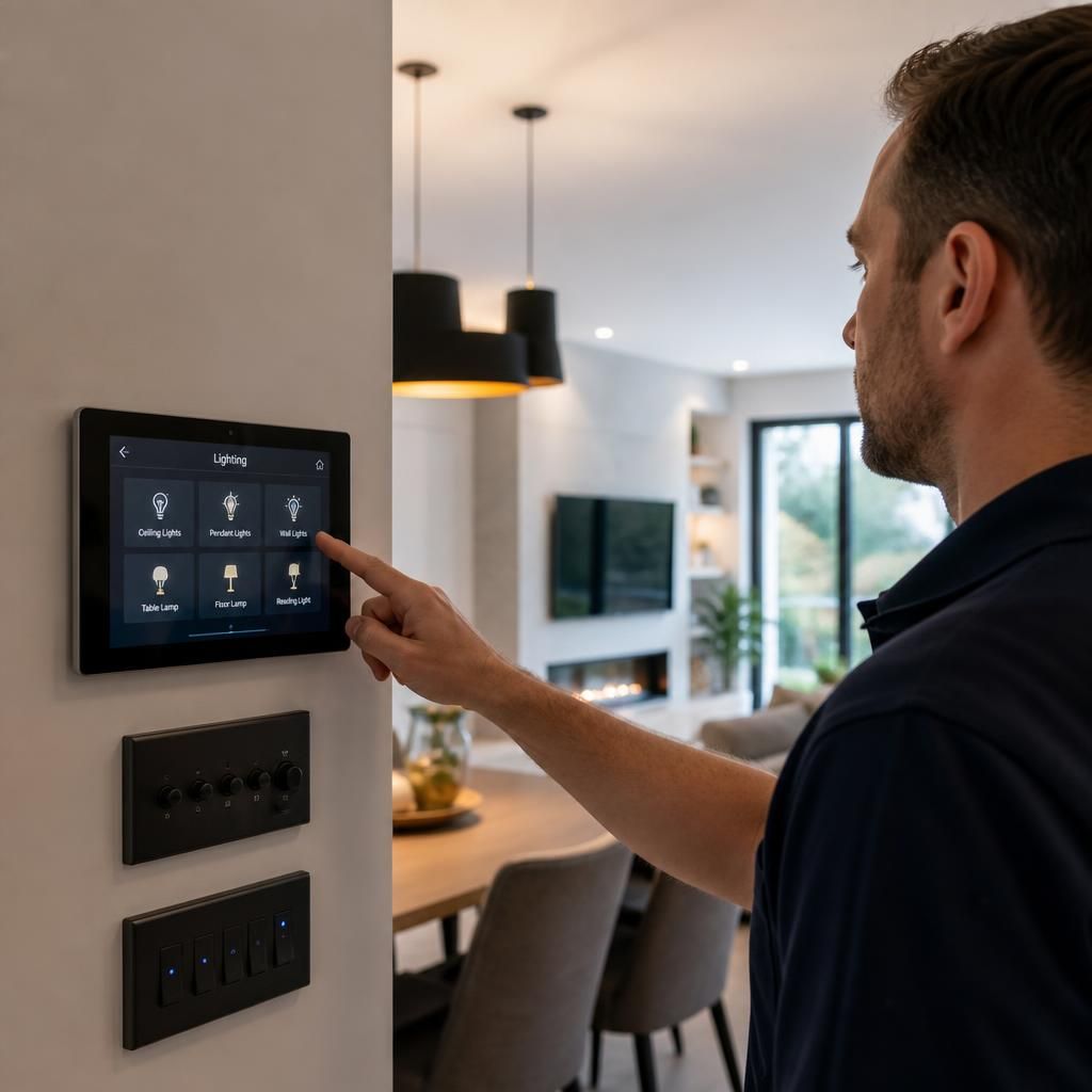 Integrated smart lighting controls shown across a residential property