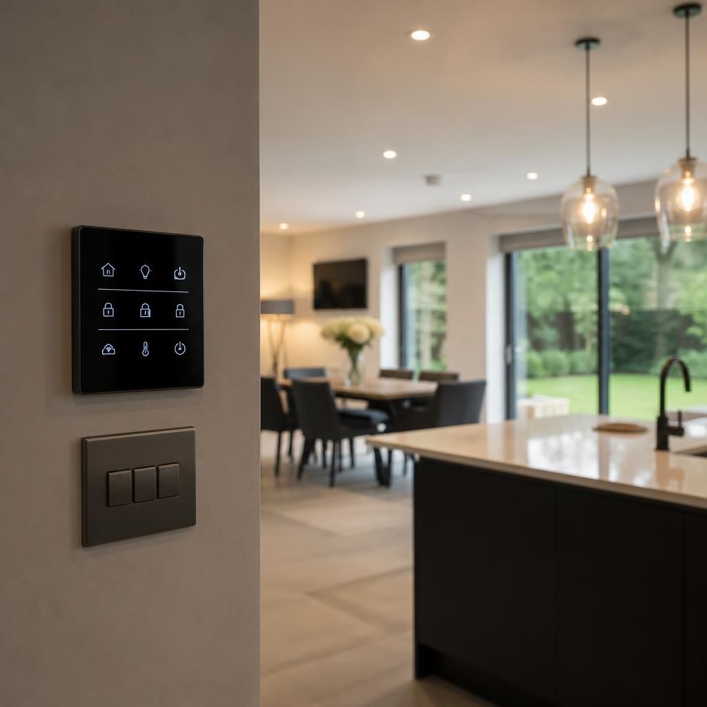 Integrated smart lighting and electrical controls installed neatly within a property