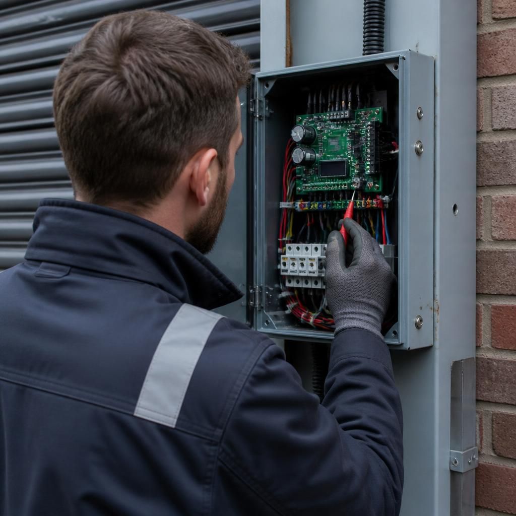 Technician inspecting the control panel of an electric roller shutter