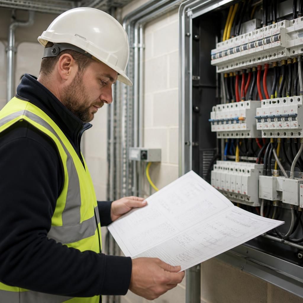 Commercial electrician reviewing electrical plans beside a distribution board