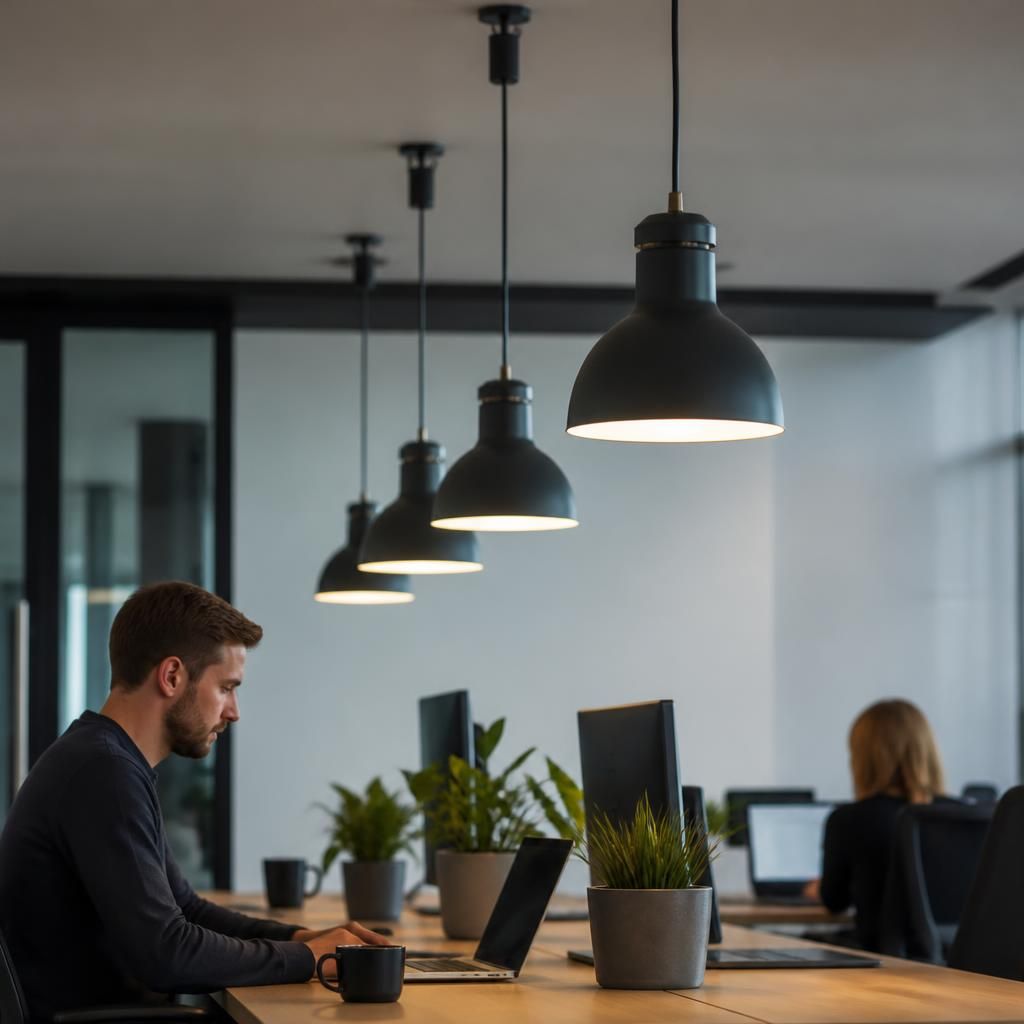 Installed commercial pendant lights providing focused illumination above a work area