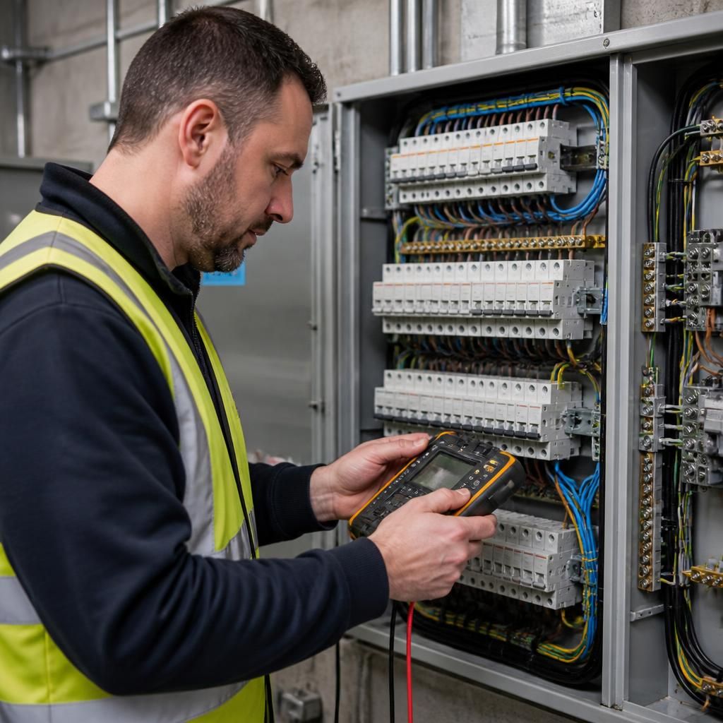Electrician testing commercial wiring installation