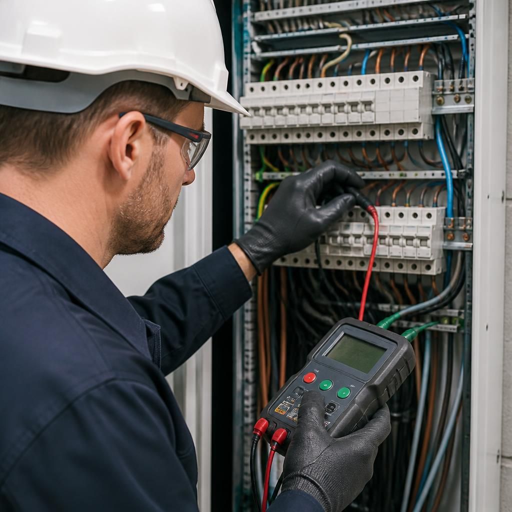 Electrician inspecting a commercial distribution board with electrical testing equipment