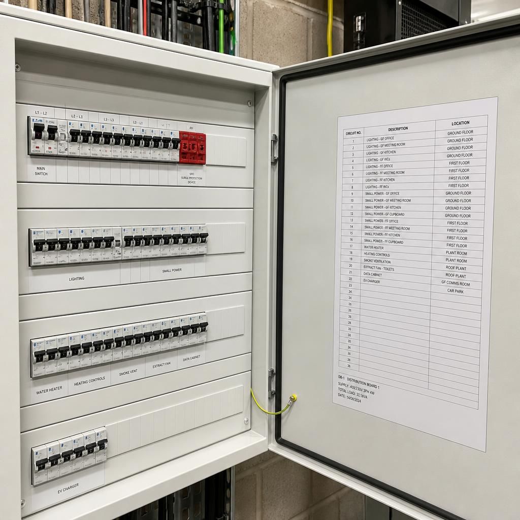 Clearly labelled electrical panel and circuit schedule in a completed building