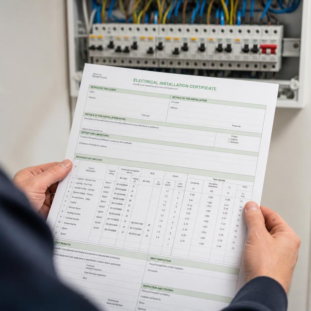 Electrical Installation Certificate showing consumer unit test results and circuit schedules