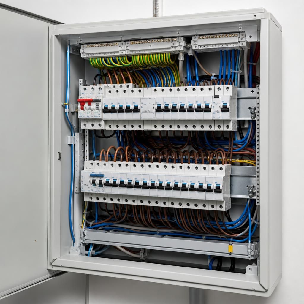 Electricity panel board with neatly arranged protective devices inside a labelled enclosure