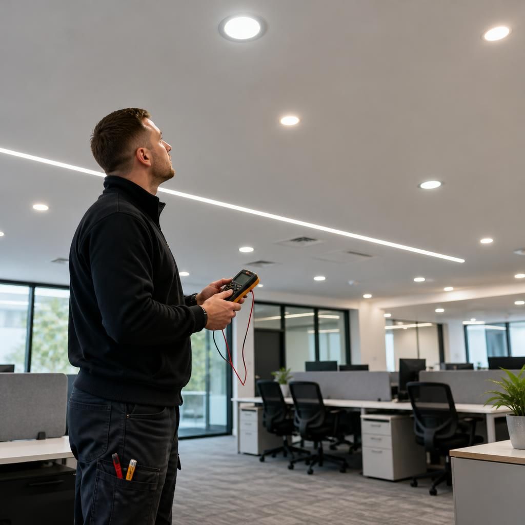 Completed commercial interior lighting installation with fittings arranged across a modern workspace