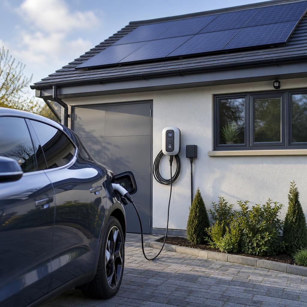 Solar panels and EV charging equipment at a modern home