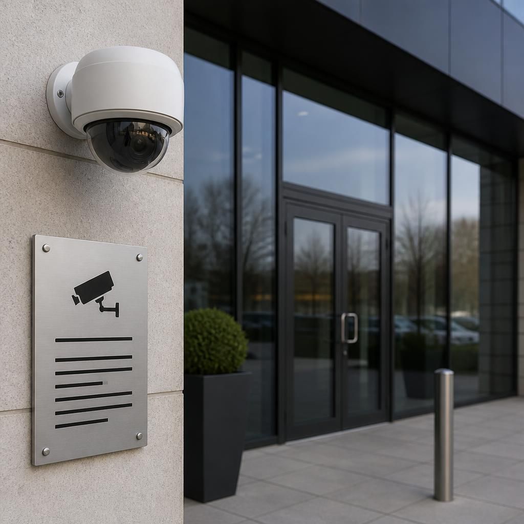 Commercial CCTV camera overlooking a business entrance beside a privacy notice