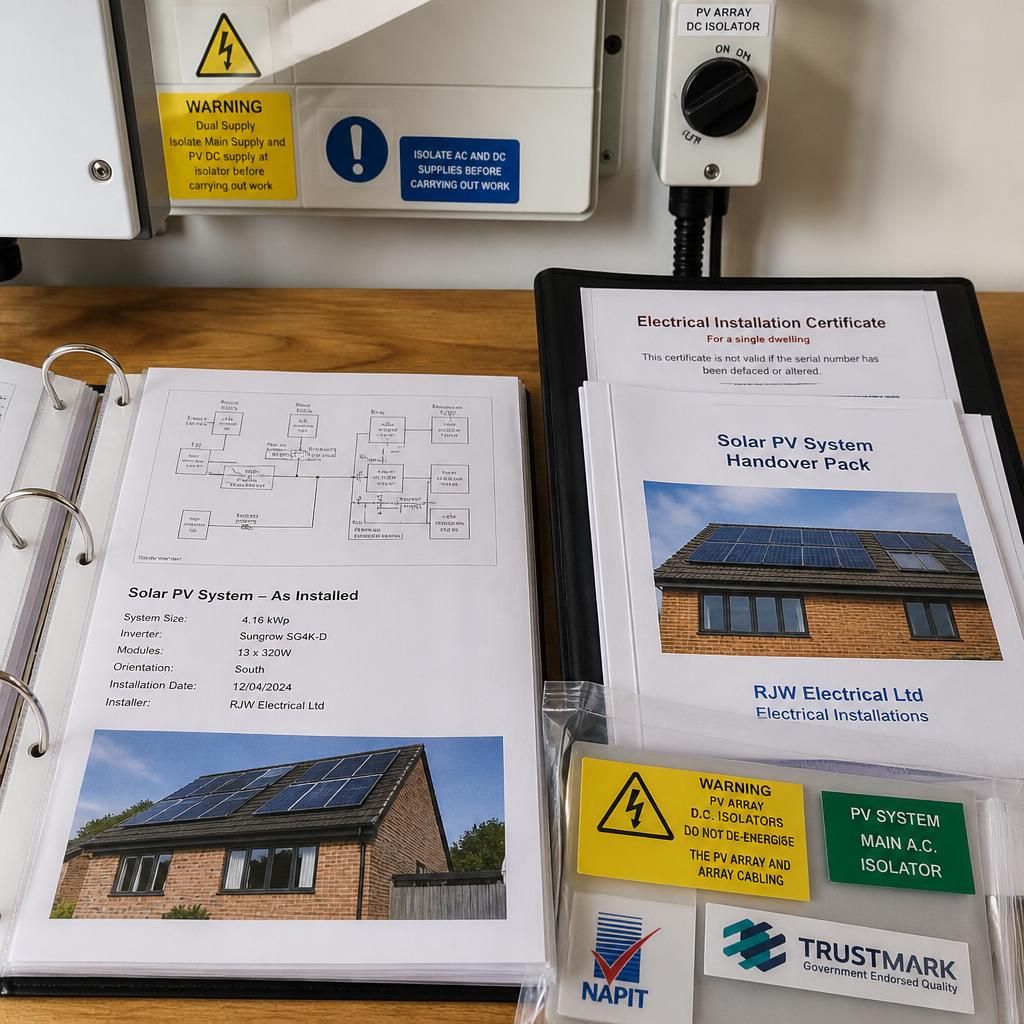 Labels and documentation for a completed solar panel installation