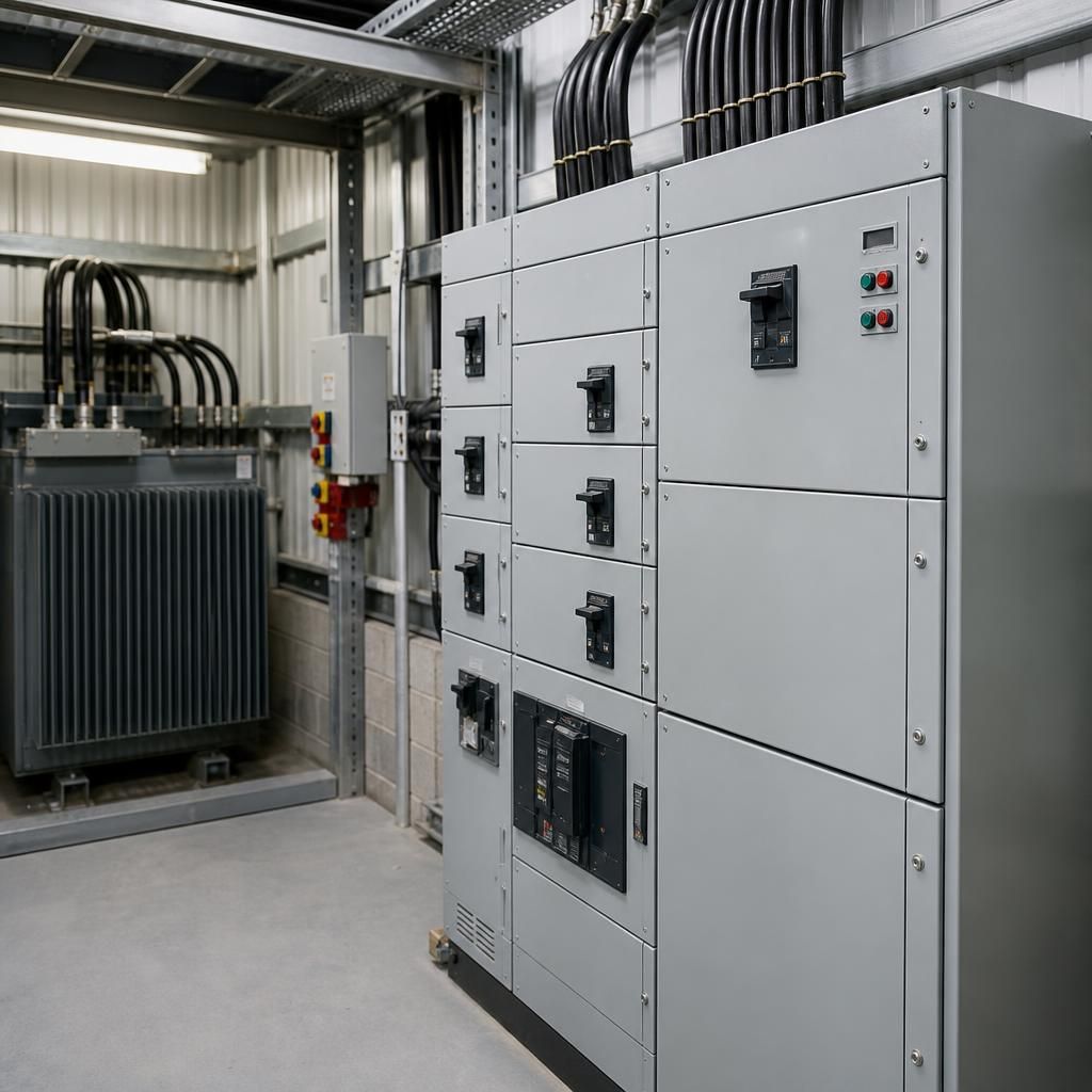 Industrial three-phase distribution equipment installed in a commercial electrical plant room