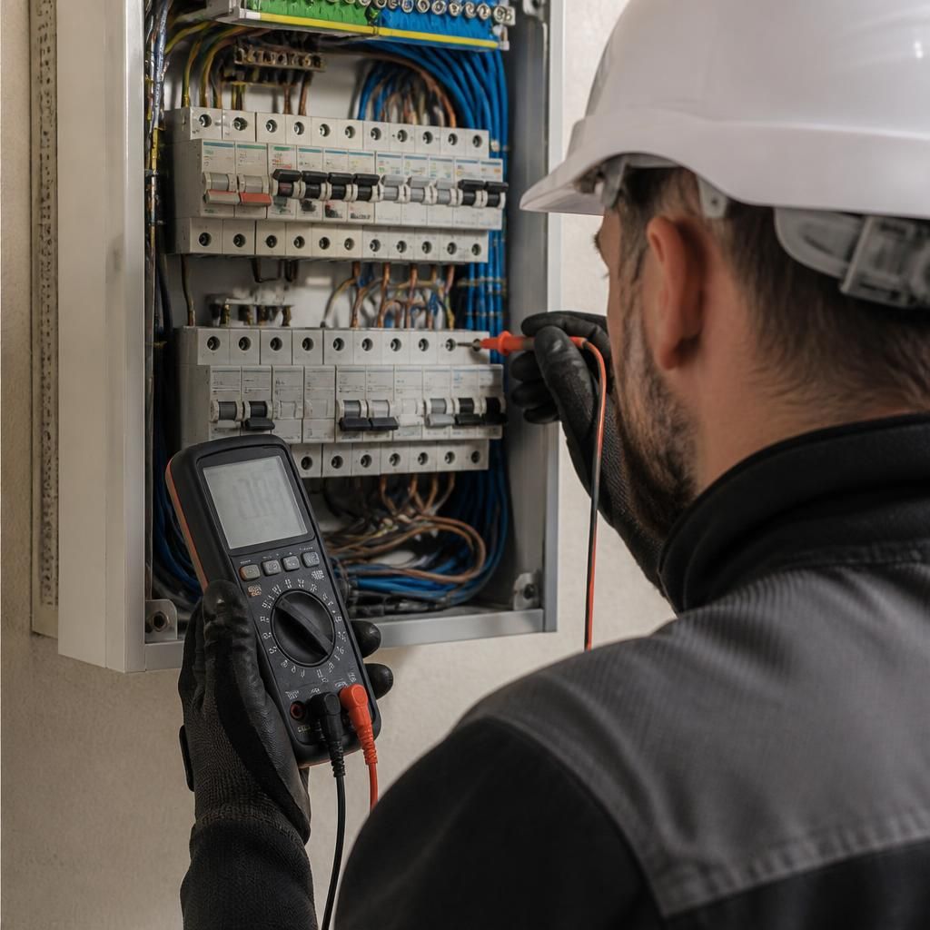 Electrician testing a consumer unit with inspection instruments