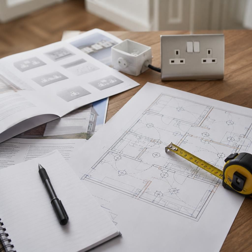 Electrical installation plans, product details and a tape measure on a table