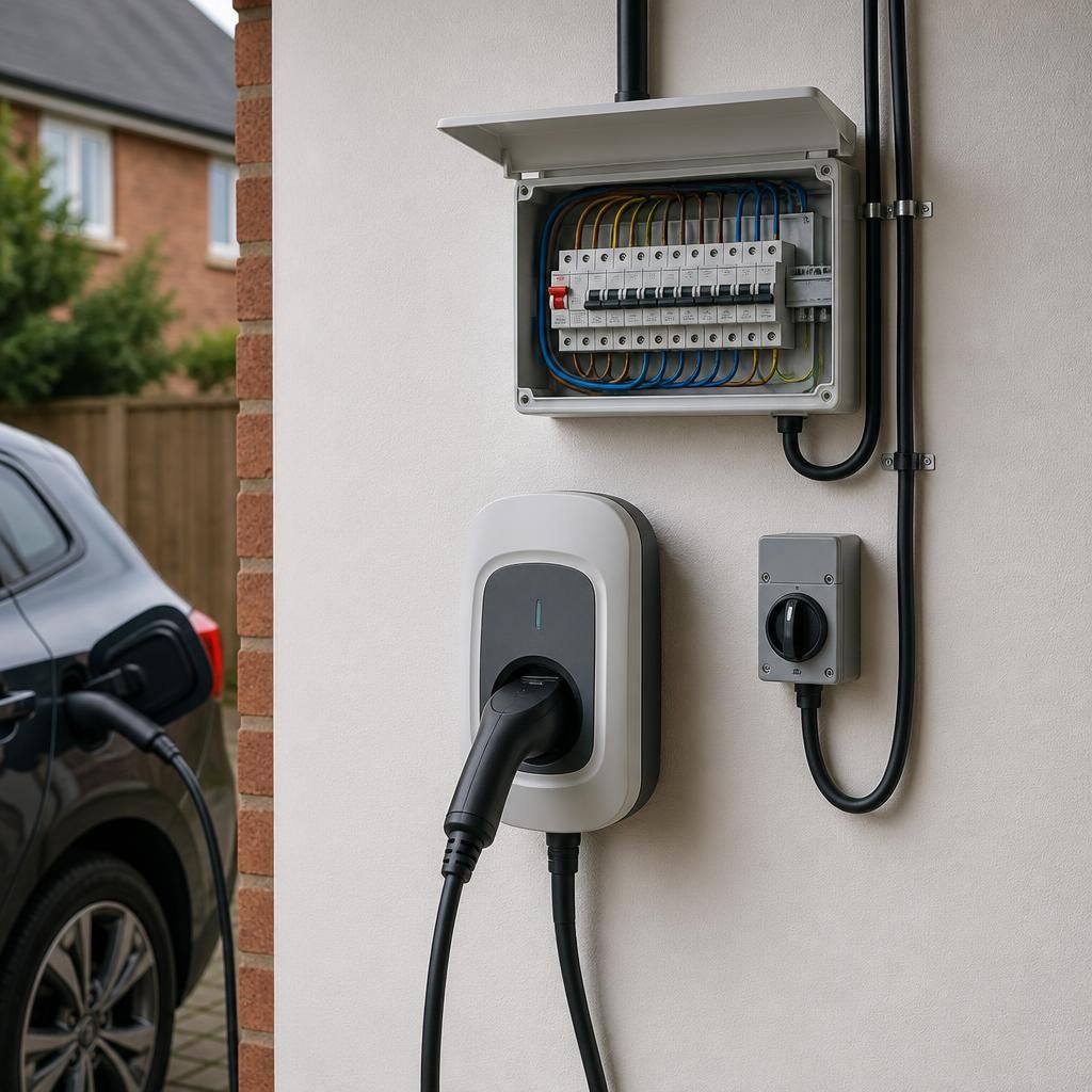 EV charger connected to a home's consumer unit and electricity supply