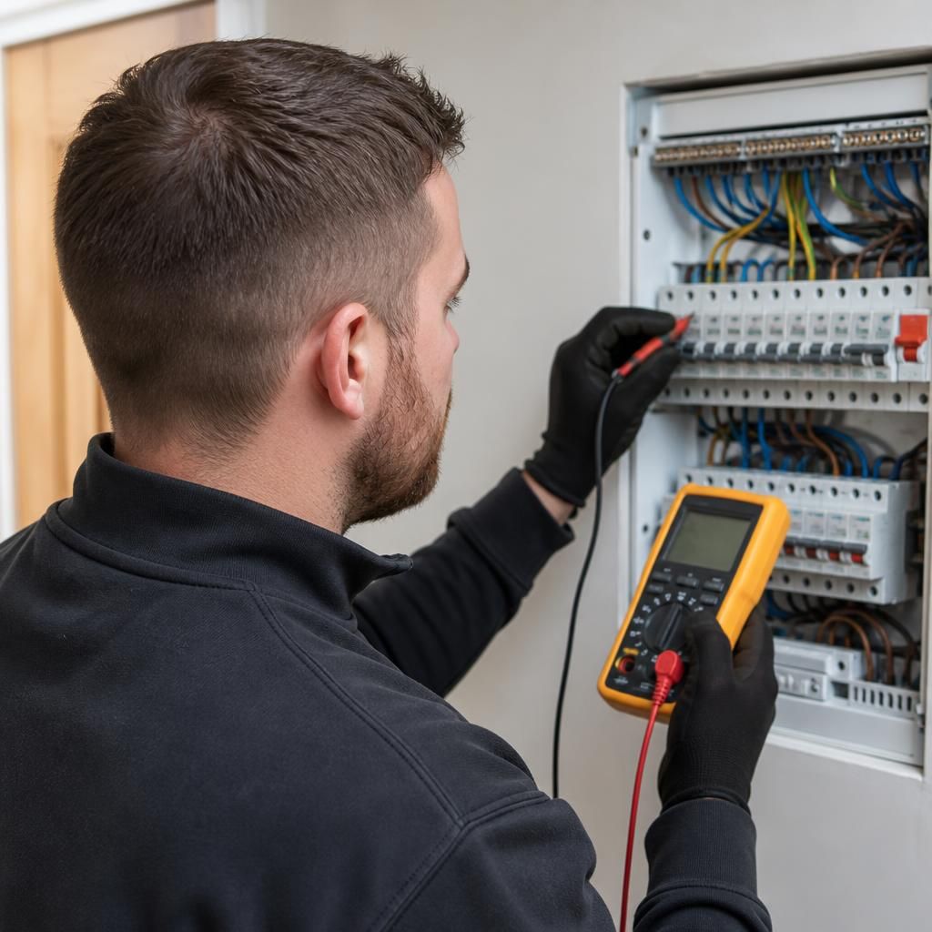 Electrician inspecting a consumer unit with a test meter