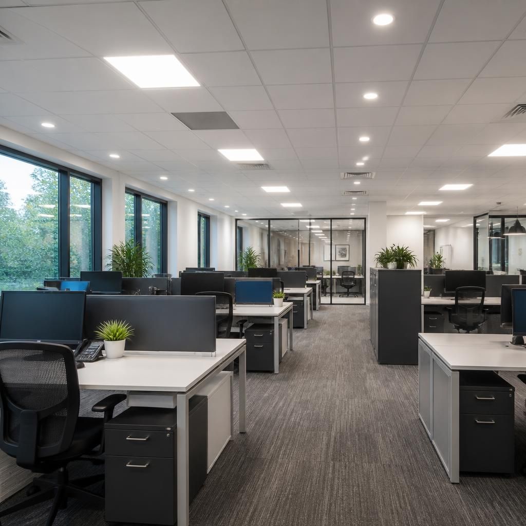 Commercial workplace with evenly distributed ceiling lighting over desks and walkways