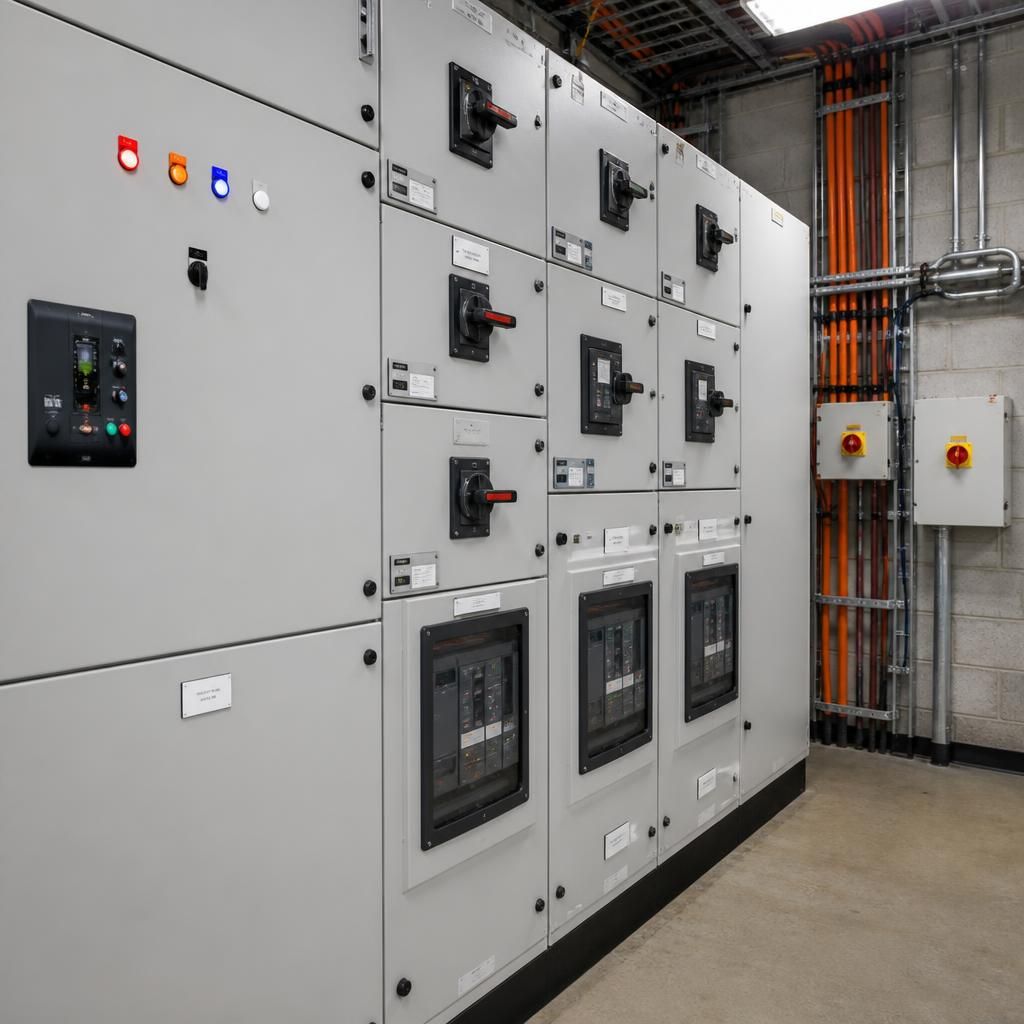 Industrial three-phase switchgear with labelled controls and isolation points