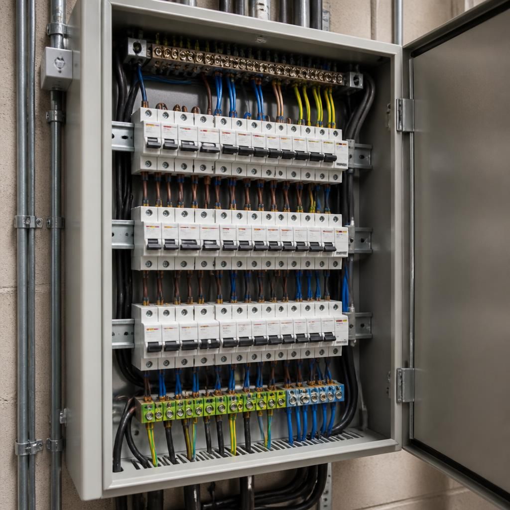 Open commercial distribution board with labelled circuit breakers and wiring