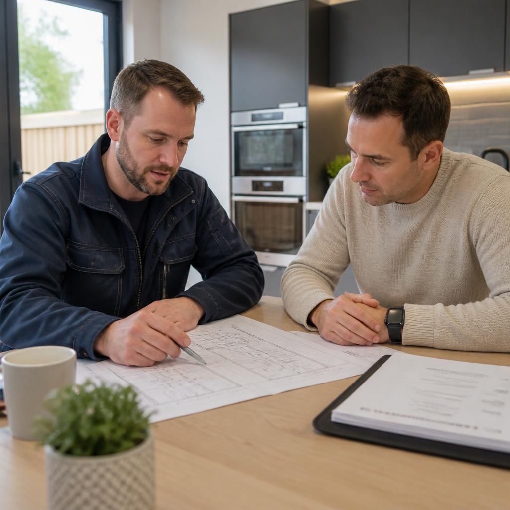 Electrician reviewing electrical plans and property access details with a customer