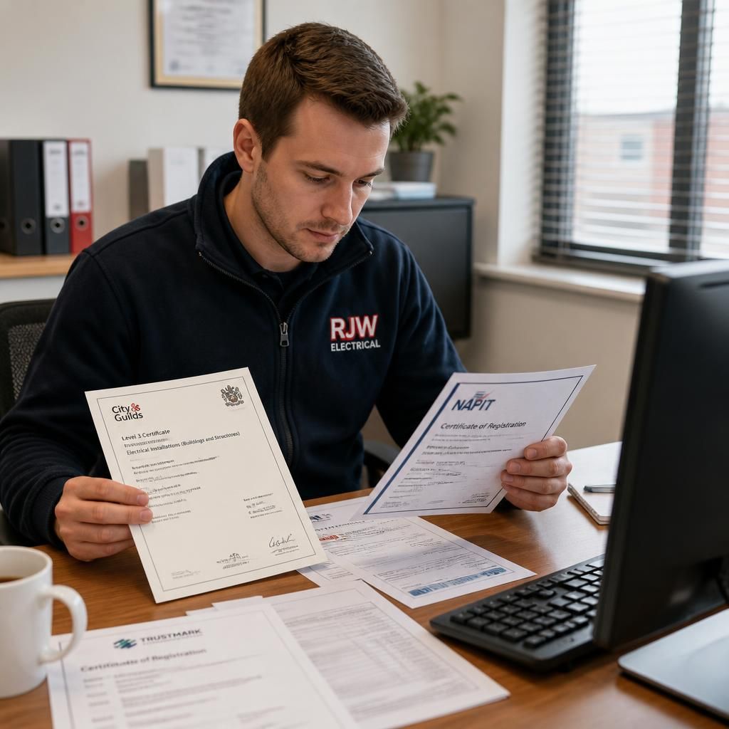 Electrician reviewing electrical training certificates and registration documents
