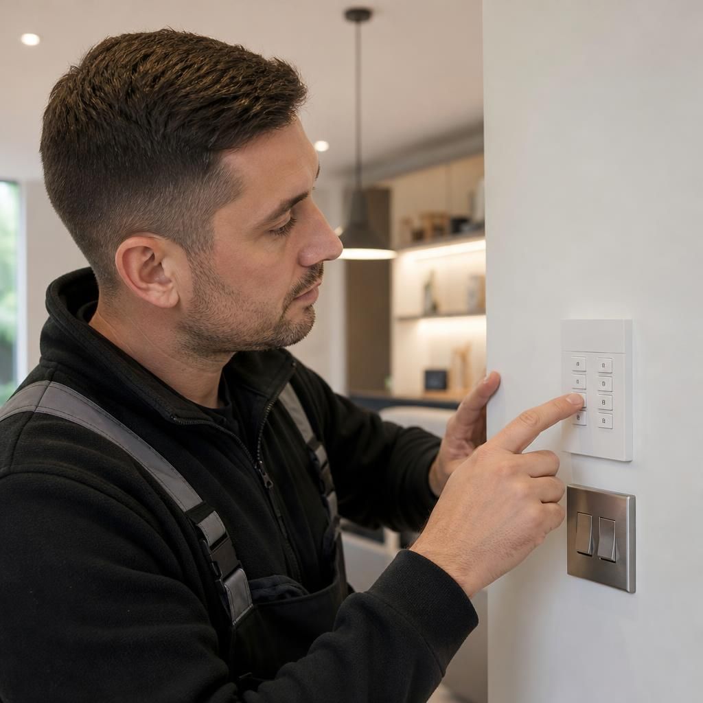 Electrician checking lighting controls beside a wall switch