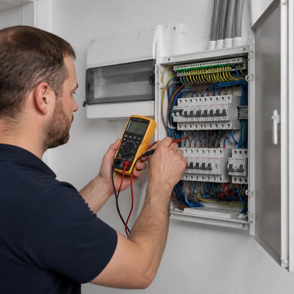 Electrician testing a consumer unit beside an open electrical panel